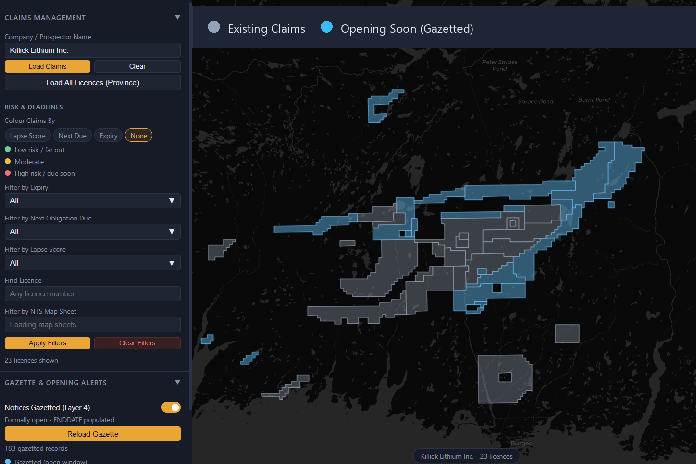 A company's licences with the Crown Lands gazette layer showing ground confirmed to open soon nearby
