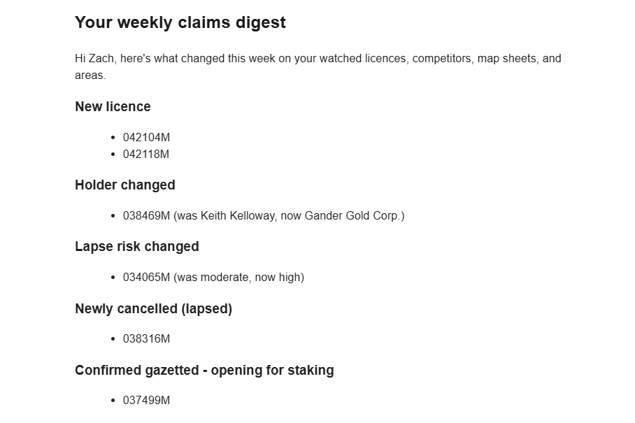 A sample weekly licences digest email showing several flagged changes